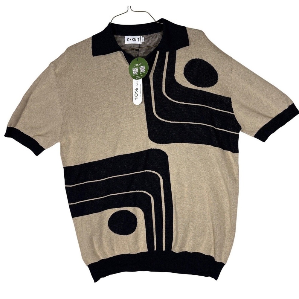 OXKNIT Mens 2XL Short Sleeve Knit Polo Shirt Tan Black Geometric Abstract Cotton
